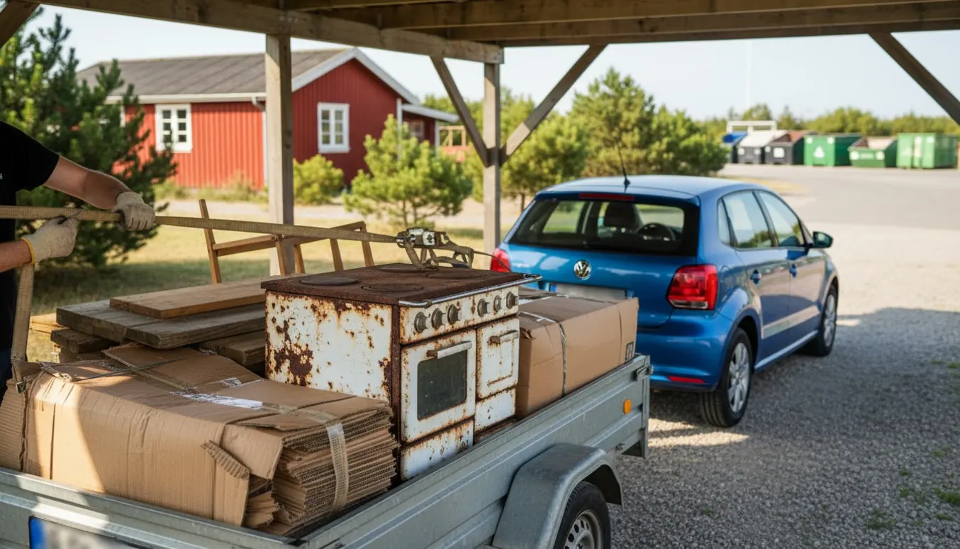 Trailer læsset med gammelt komfur, træ og pap ved en sommerhus-carport klar til kørsel til genbrugsplads.