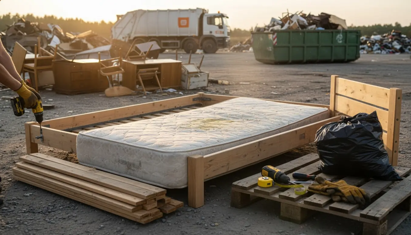 En træ seng med en plettet madras ved en losseplads, delvist skilt ad og klar til bortskaffelse.