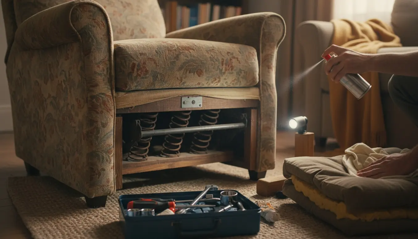 Hænder smører metalmekanismen under en velbrugt lænestol i en rolig stue for at fjerne knirken.