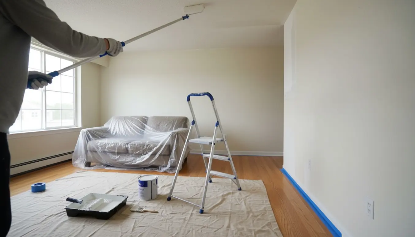 En maler møbleret lejlighed maler loftet med rulle og malerværktøj i naturligt dagslys.