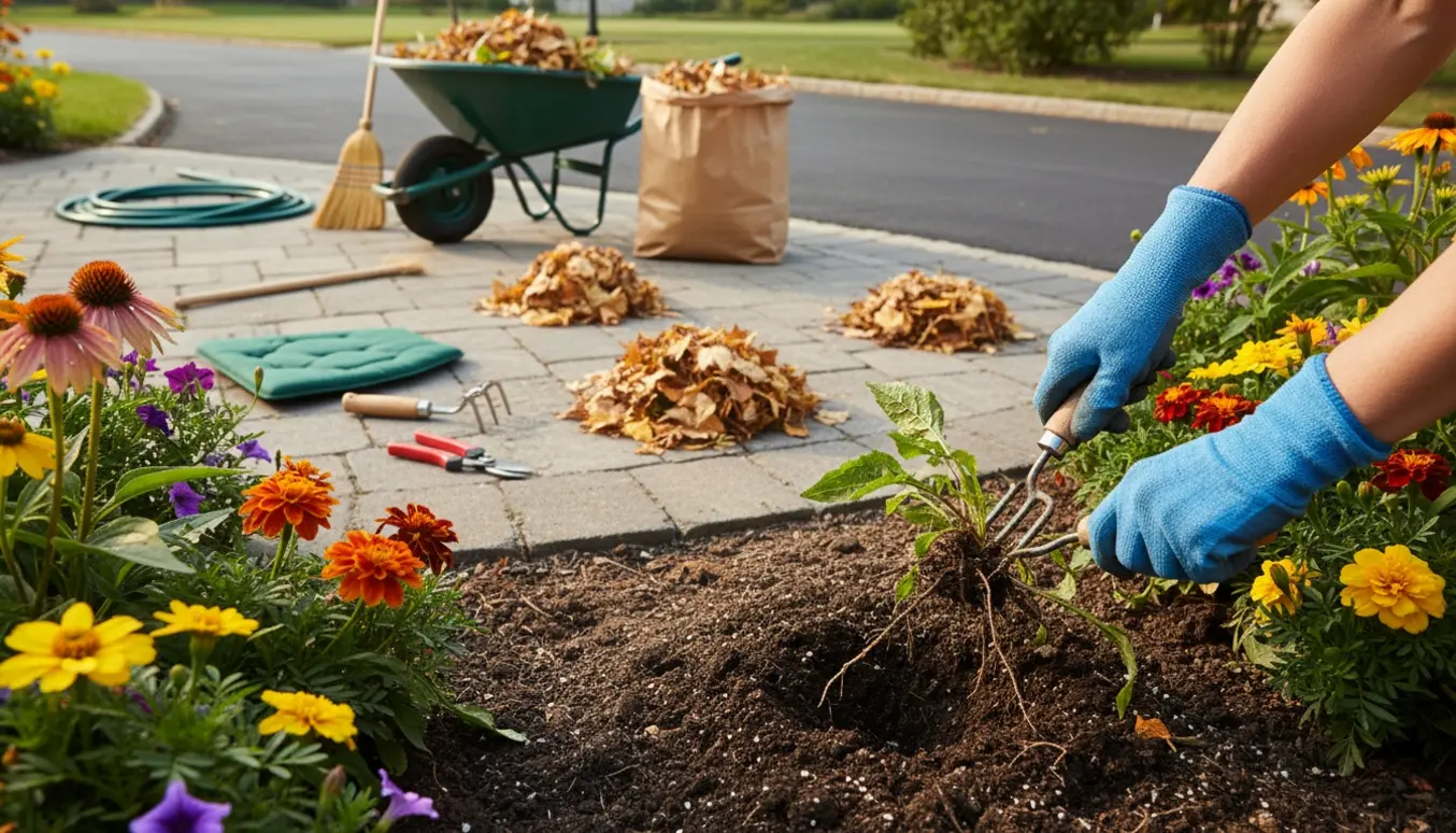 Nærbillede af hænder, der fjerner ukrudt fra et blomsterbed ved terrasse og indkørsel med haveredskaber i baggrunden.