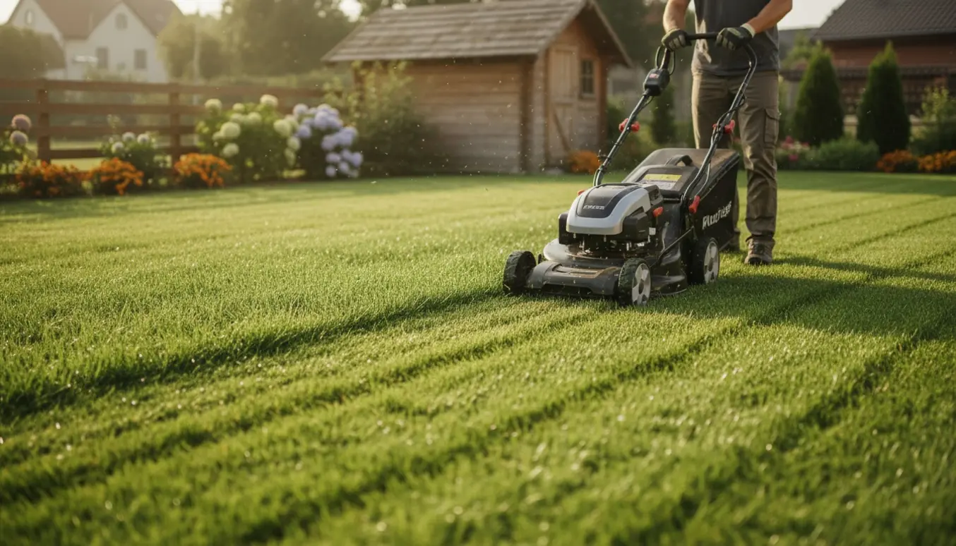 En person slår en mellemstor forhave med plæneklipper og efterlader tydelige striber på nyklippet græs.