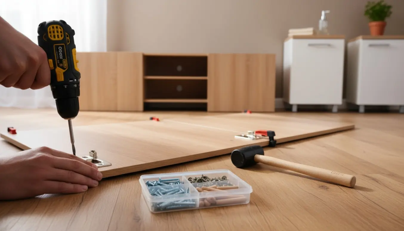 Samling af en 160 cm TV-reol og to små skabe med værktøj i varmt naturligt lys.