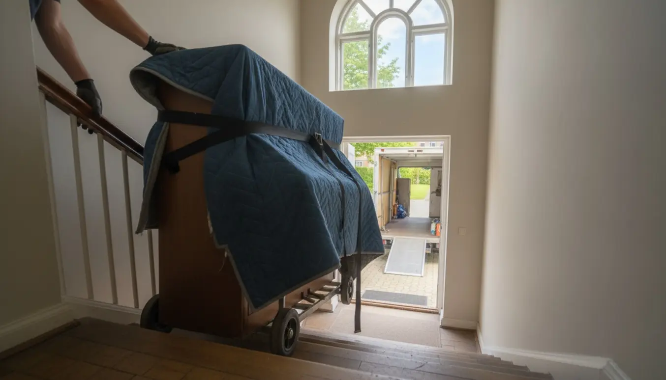 Et kompakt klaver flyttes ned ad en smal trappe med flyttetæpper og dolly, uden synlige ansigter.