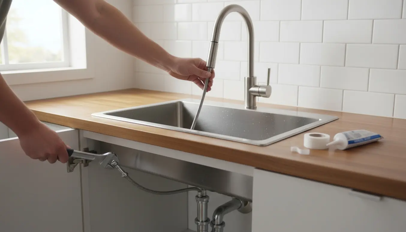 Hænder monterer en fritstående rustfri køkkenvask og tilslutter en spulehane med flexslanger og skruenøgle i et lyst køkken.