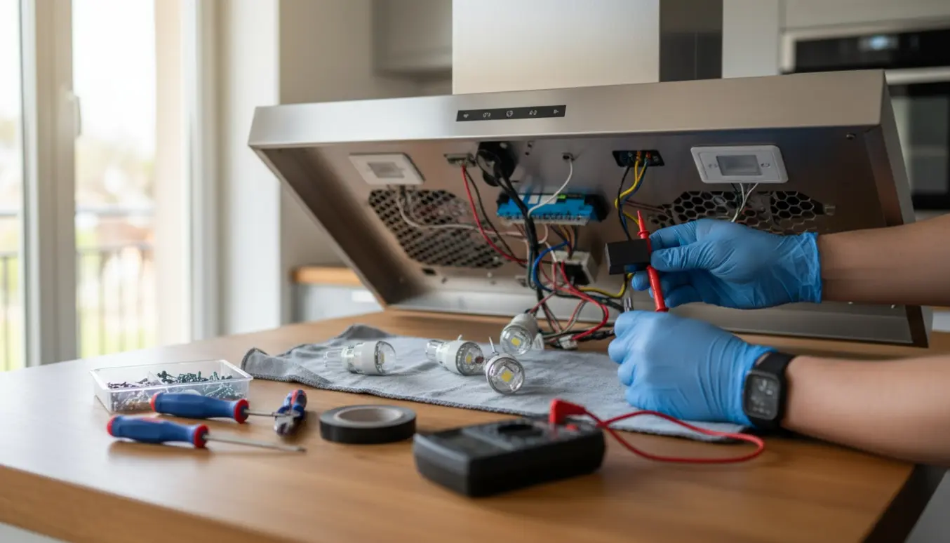 Hænder i handsker reparerer lyset i en moderne rustfri emhætte med relæ og multimeter.