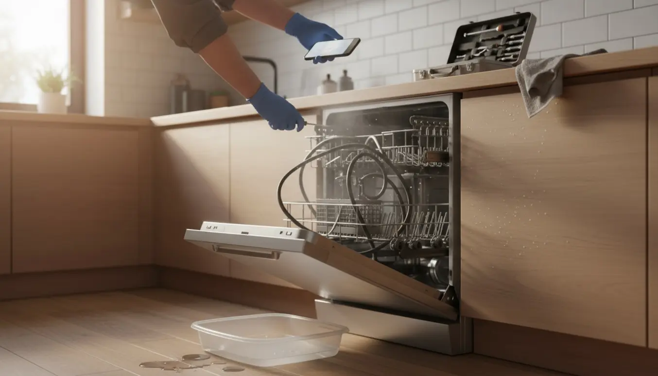 Nærbillede af en moderne opvaskemaskine med hænder og værktøj ved fejlfinding i et lyst køkken.