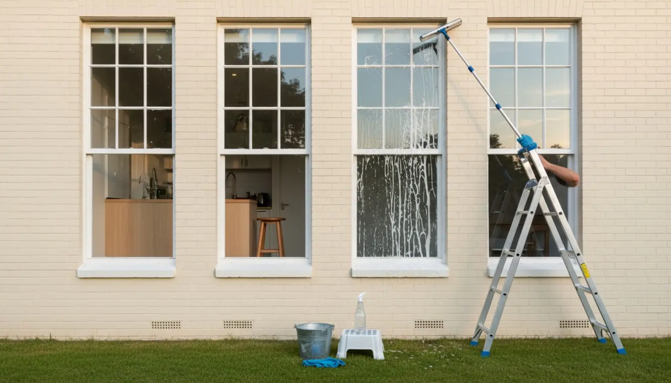 Udendørsbillede af høj førstesals vinduespudsning med stige, skuret vindue og køkkenbord synligt ved et svært tilgængeligt vindue.