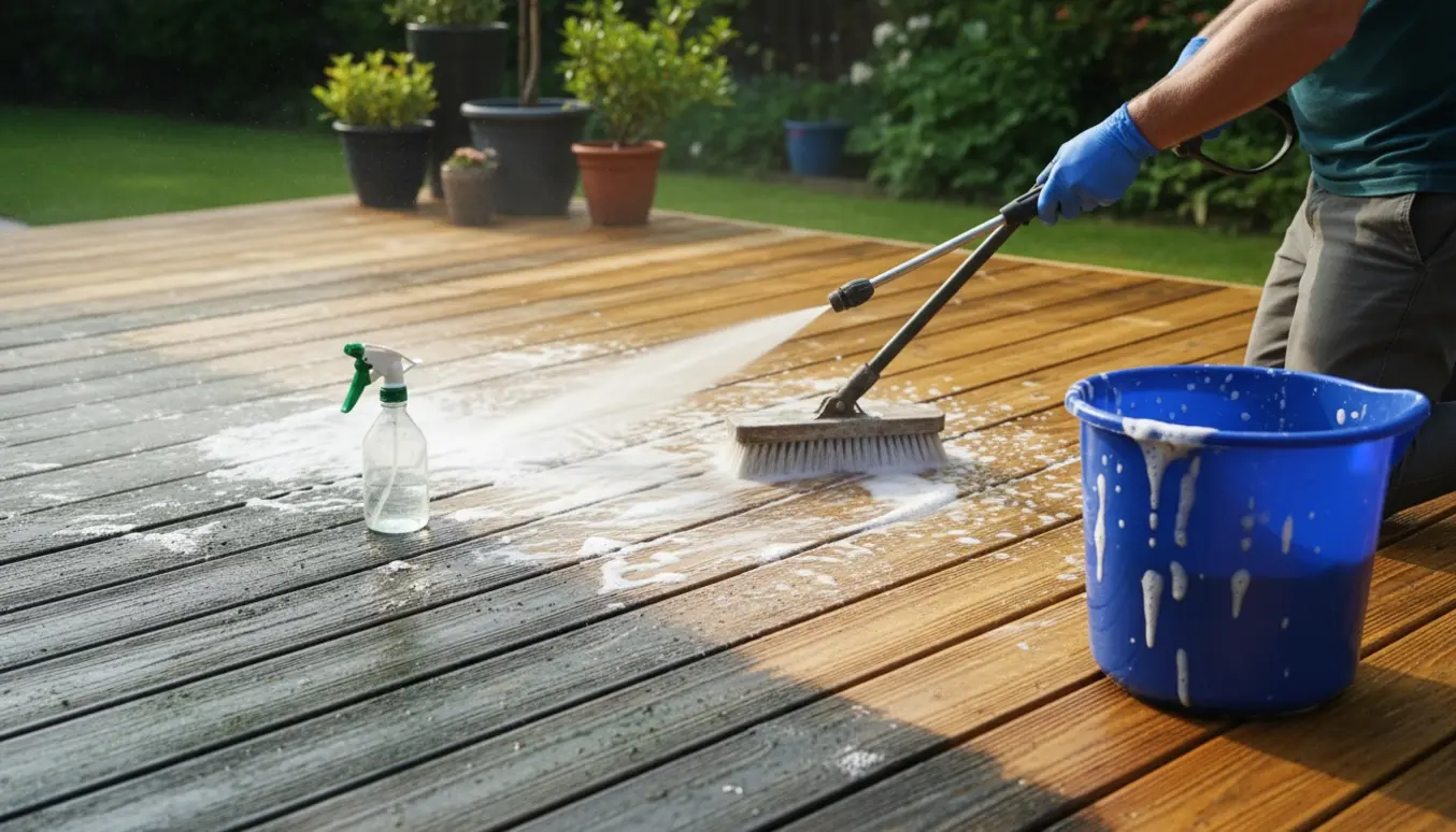 Renset træterrasse med tydelig forskel mellem algebelægte og nyvaskede brædder og rengøringsværktøj i forgrunden.
