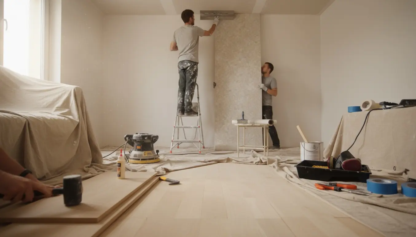 Et lille værelse under renovering med nyt tapet på vej, repareret loft og slebet trægulv.