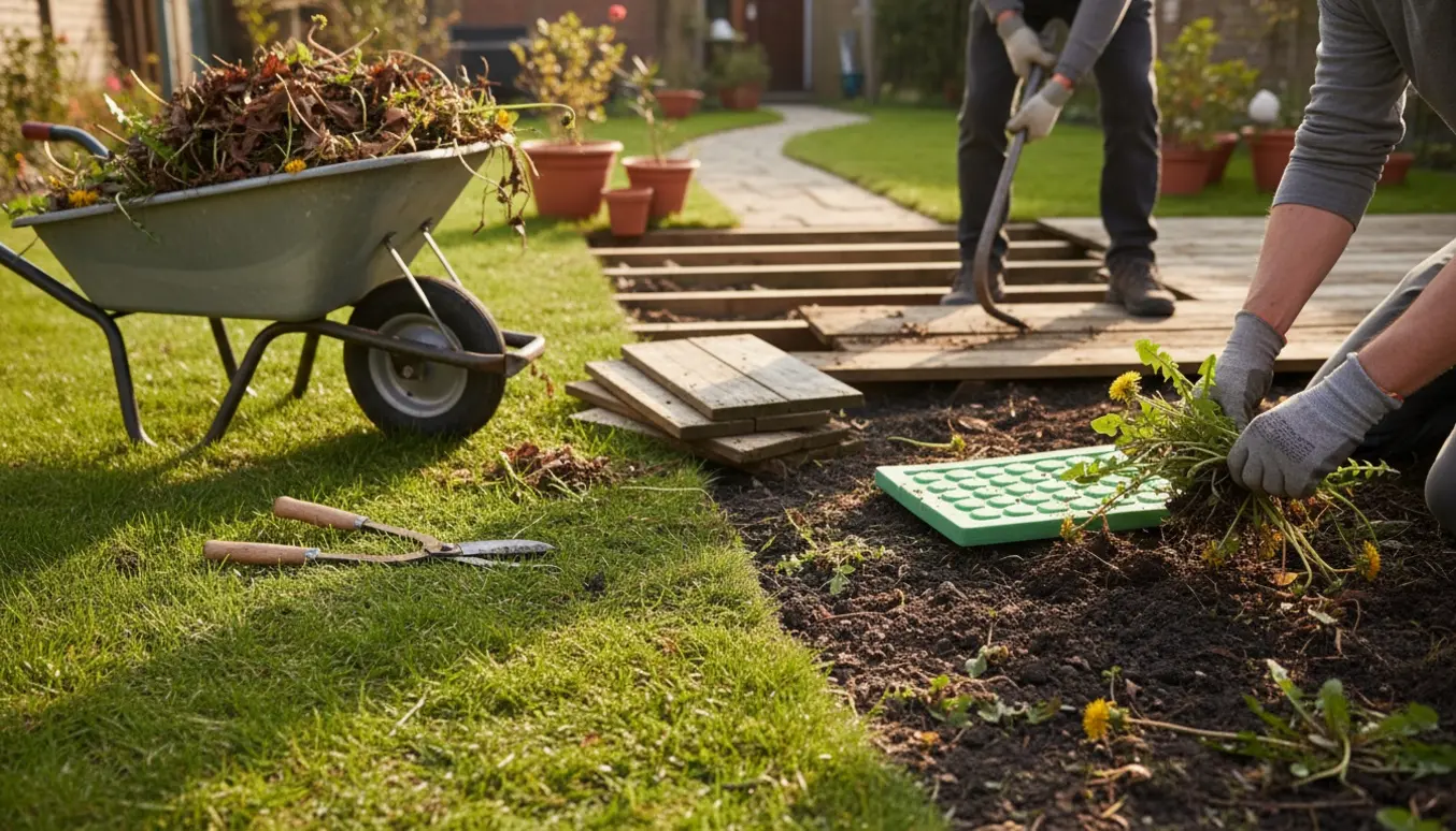 Person rydder forårshaven og fjerner ukrudt, samler blade og fjerner gammelt trædæk i morgensol.