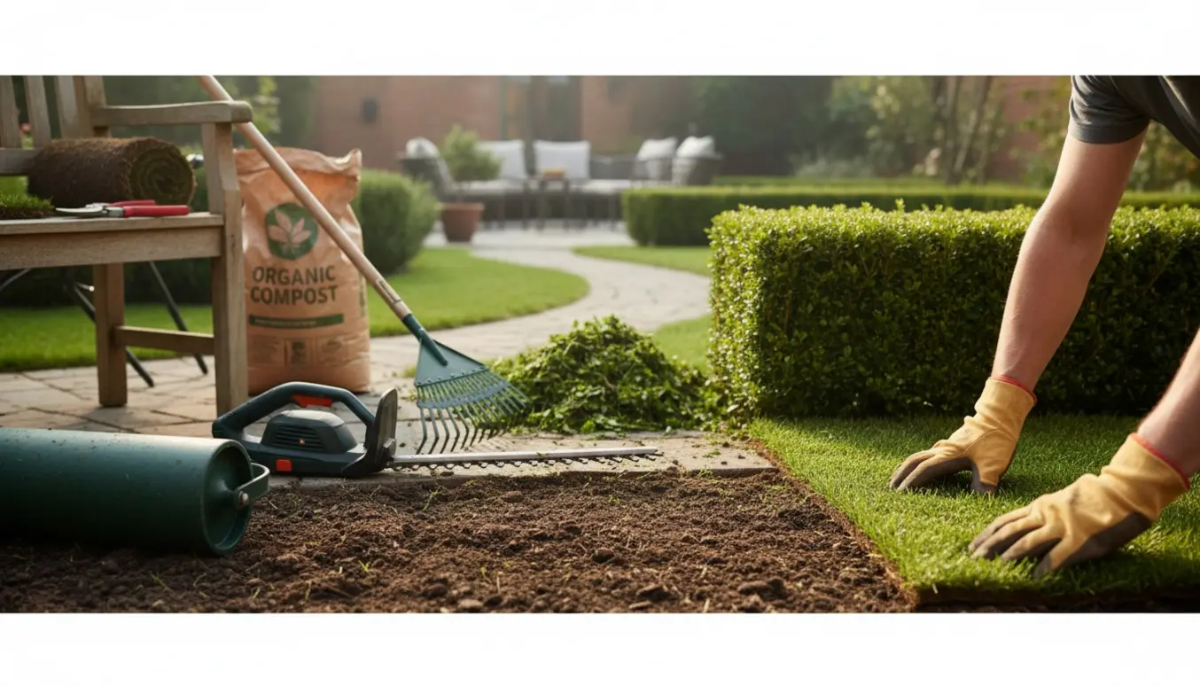 Nærbillede af havearbejde med frisk rulle græs, nyslået hæk og haveredskaber i morgensol.