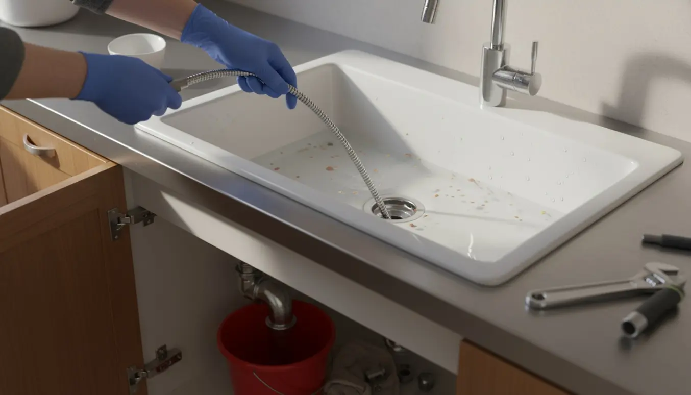 Nitrilhandskeklædte hænder fører en afløbsslange ned i en porcelænskøkkenvask med stående vand, mens den afmonterede vandlås og værktøj ligger i skabet under.