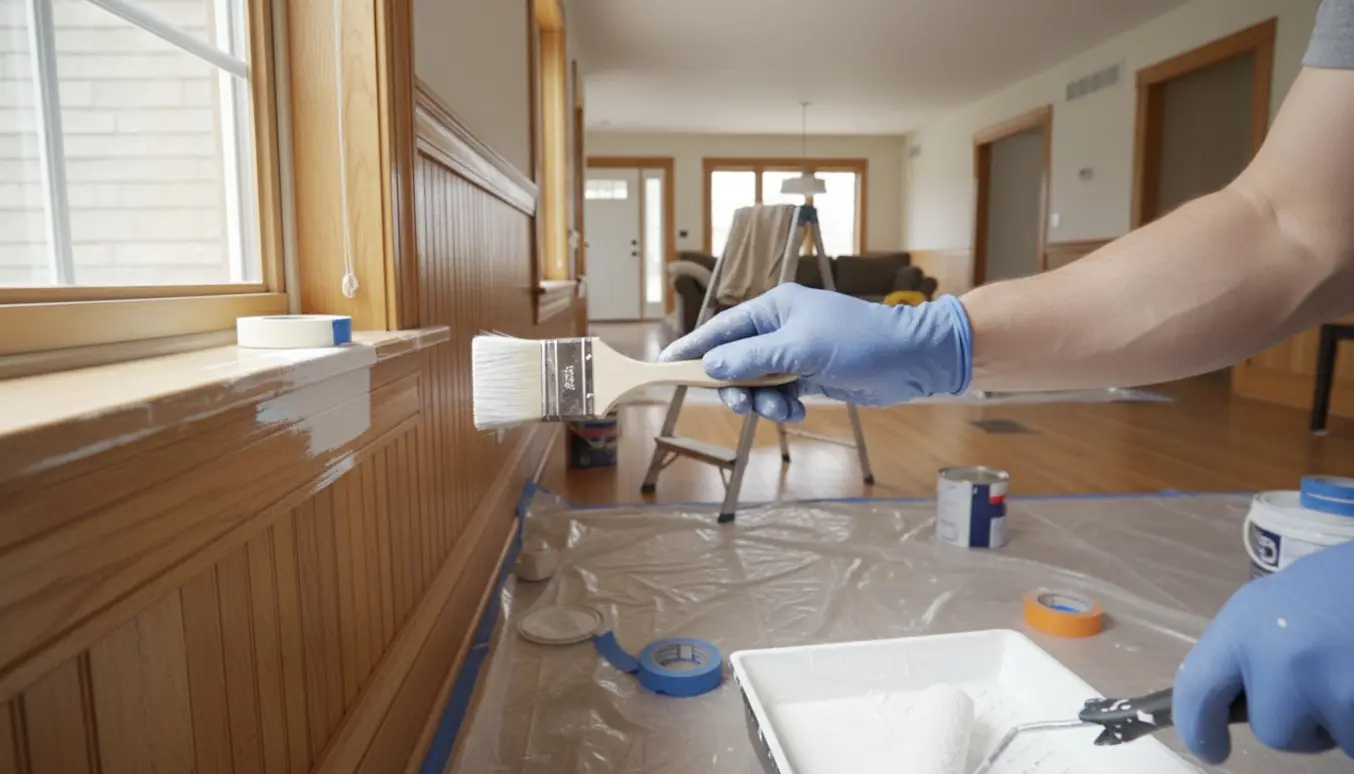 Lys stue under maling med malerværktøj og nymalet træværk, uden synlige ansigter.