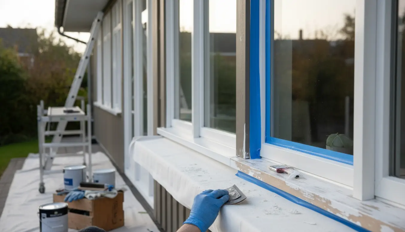 Udvendige vindueskarme under slibning og maling med værktøj og nymalede rammer.