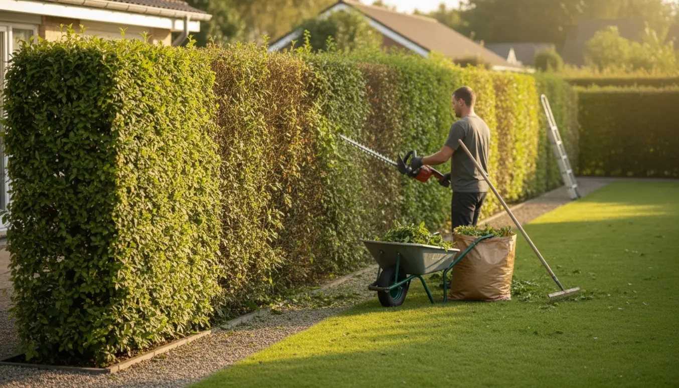 En person set bagfra klipper siden og toppen af en velholdt hæk i en forstadshave med afklippede grene i en trillebør.