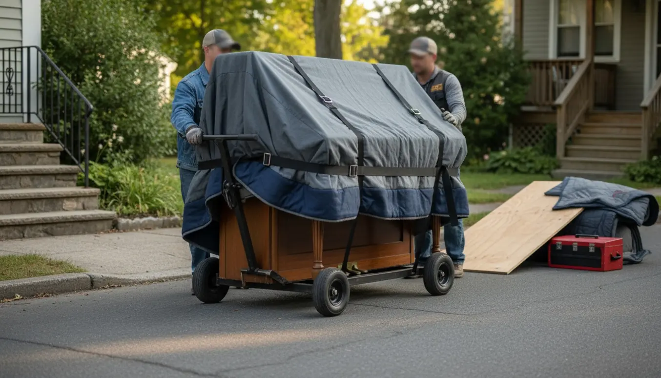 Uprightklaver pakket i flyttetæpper på en dolly, flyttet af to personer over en stille villavej mellem to huse.