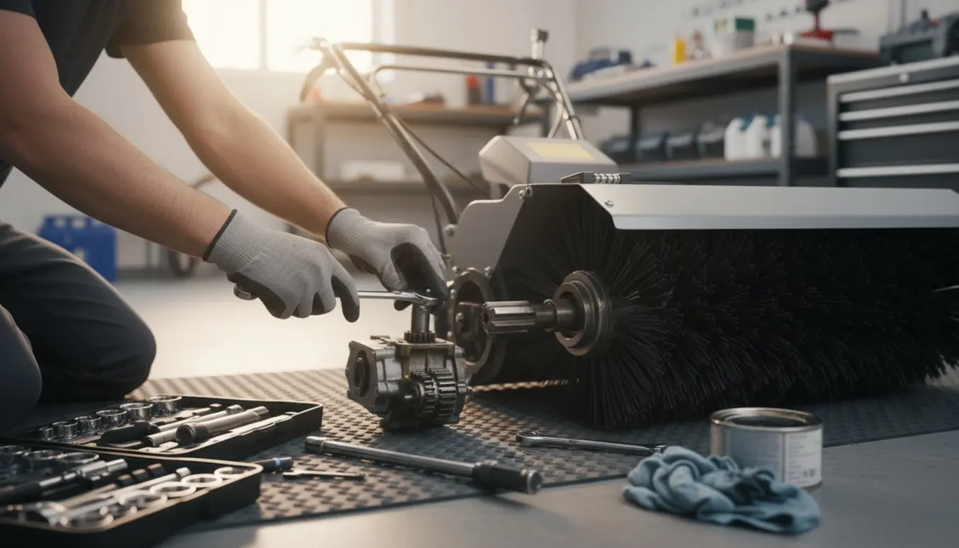Nærbillede af hænder, der justerer kobling og gearkasse på en lille snefejemaskine i en lys garage.
