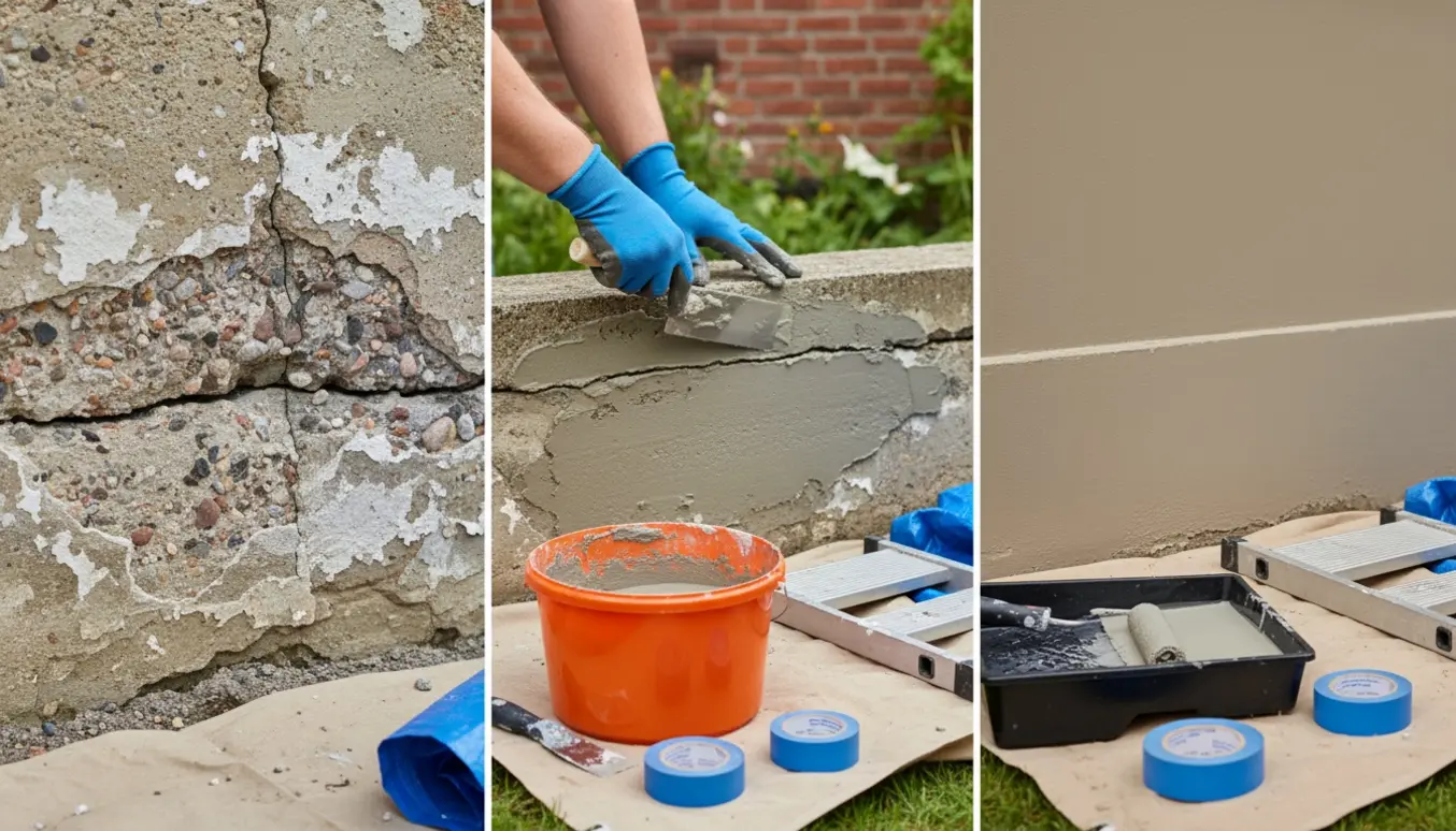 Nærbillede af reparation og maling af husets sokkel med reparationsmørtel og frisk malet overflade.