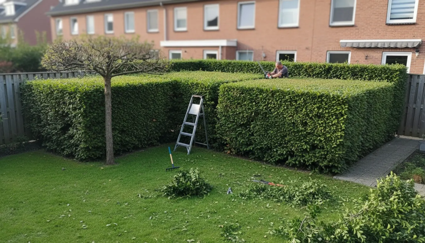 En person klipper hække omkring et rækkehus; nyklippede hække og afklip ligger på græsset.
