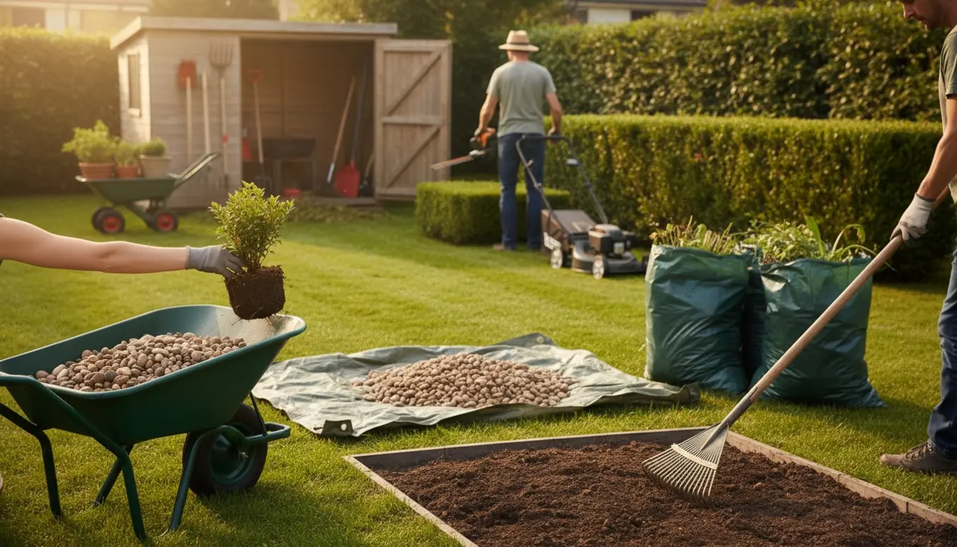 Rydning af have med nyslået græs, klippet hæk, trillebør med småsten og haveredskaber.