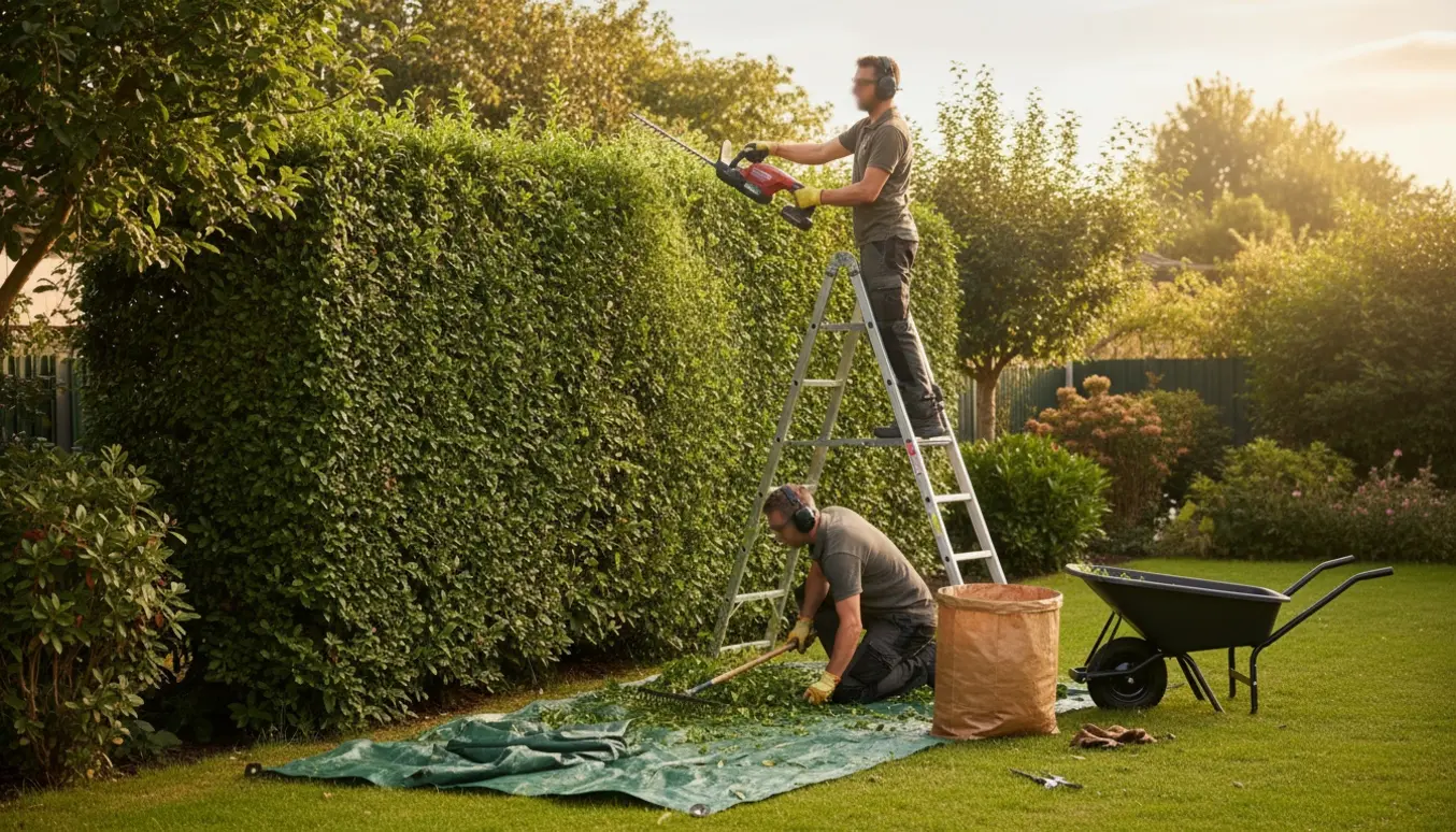 Person på en stige klipper en tæt hæk med en hækkeklipper, mens afklip samles på en trillebør.