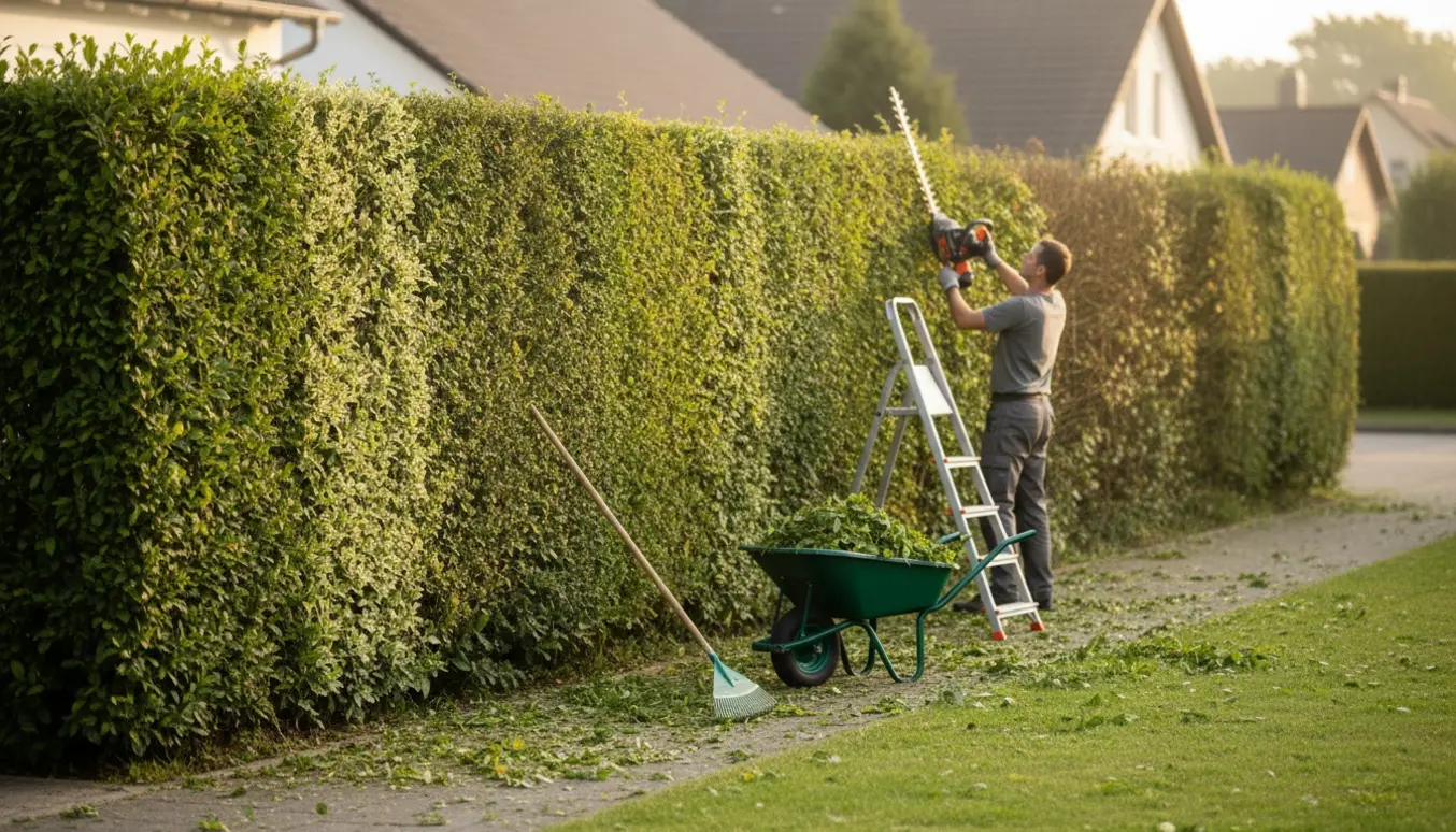 Forhavehæk på cirka 20 meter under klipning, med den ene halvdel klippet fra sider og top og den anden kun fra siden.