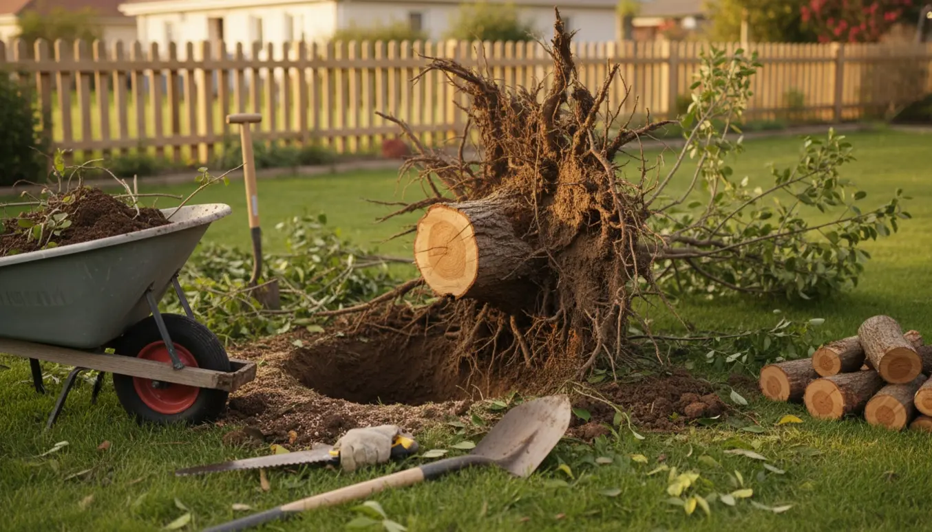 Et væltet lille træ med delvist opgravede rødder og haveredskaber klar til fjernelse.