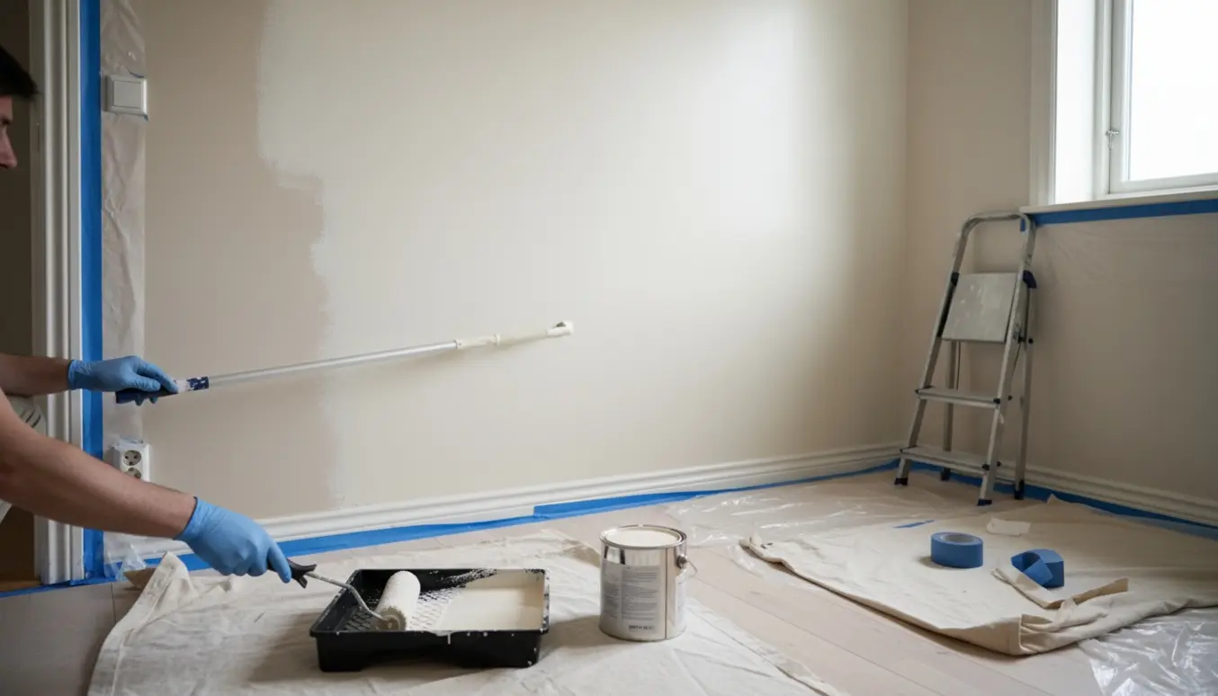 Et lille værelse under maling med afdækkede paneler og en nymalede væg i varm off-white.