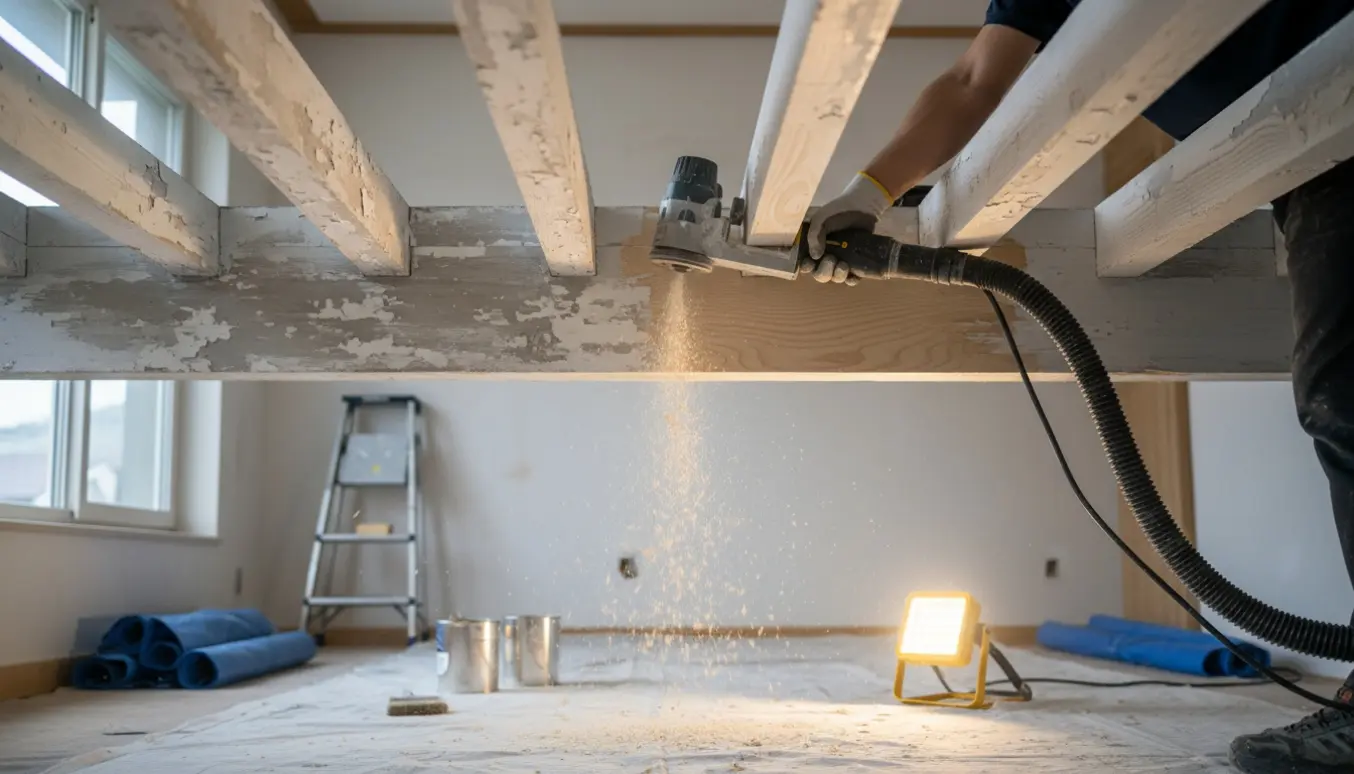 En person fjerner flere lag maling fra loftspær med en lakfræser, og ét spær står halvt afrenset og viser råt træ.