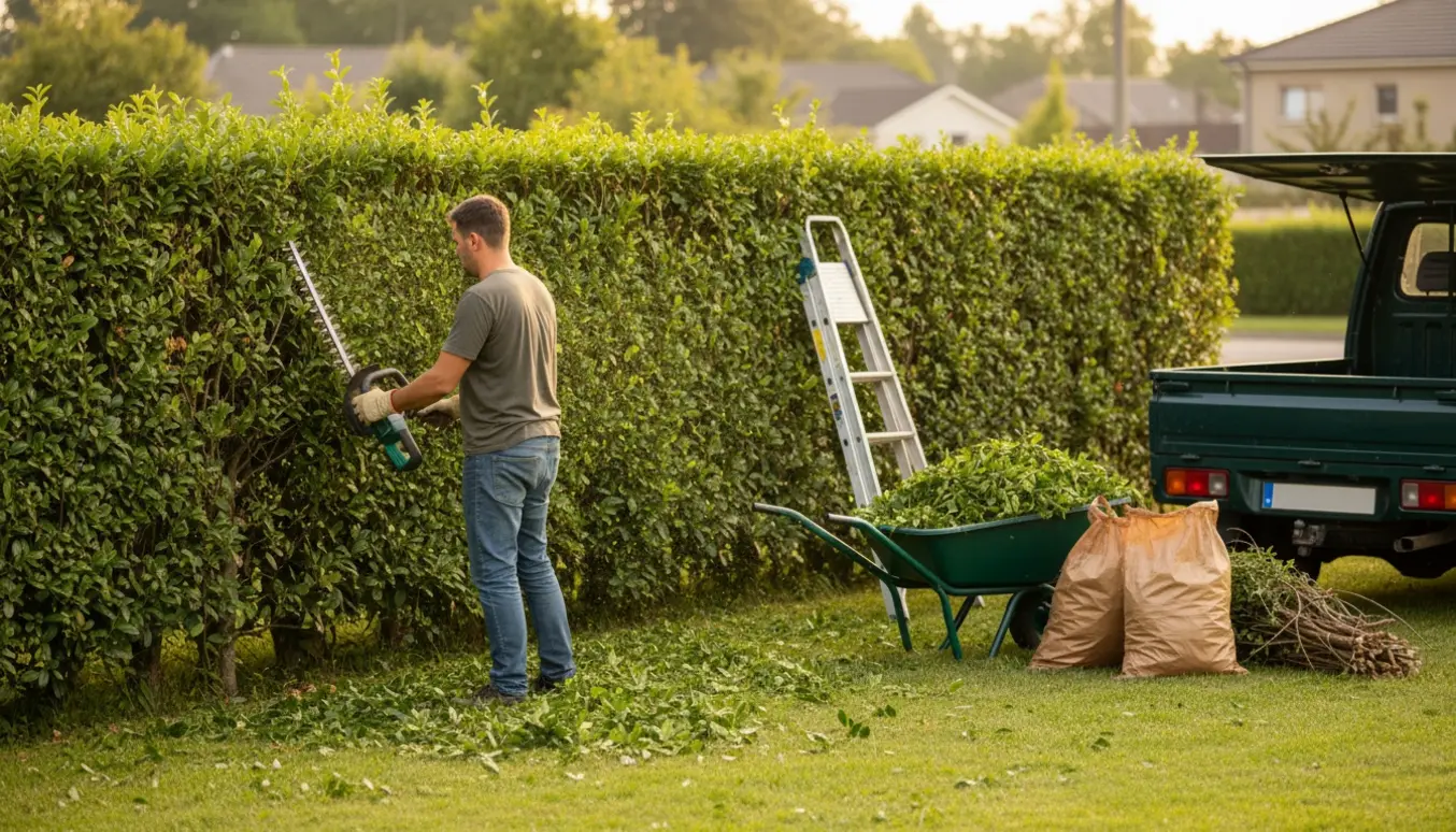 Hækklipning set bagfra med afklip i trillebør og sække klar til bortkørsel.