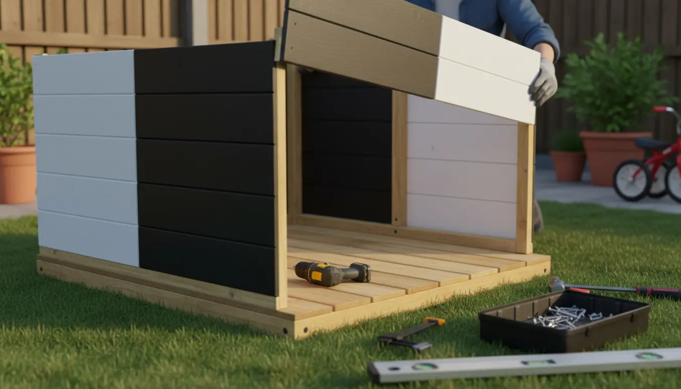 Delvist samlet sort-hvidt trælegehus i en solbeskinnet have med værktøj og hænder, der monterer en væg.
