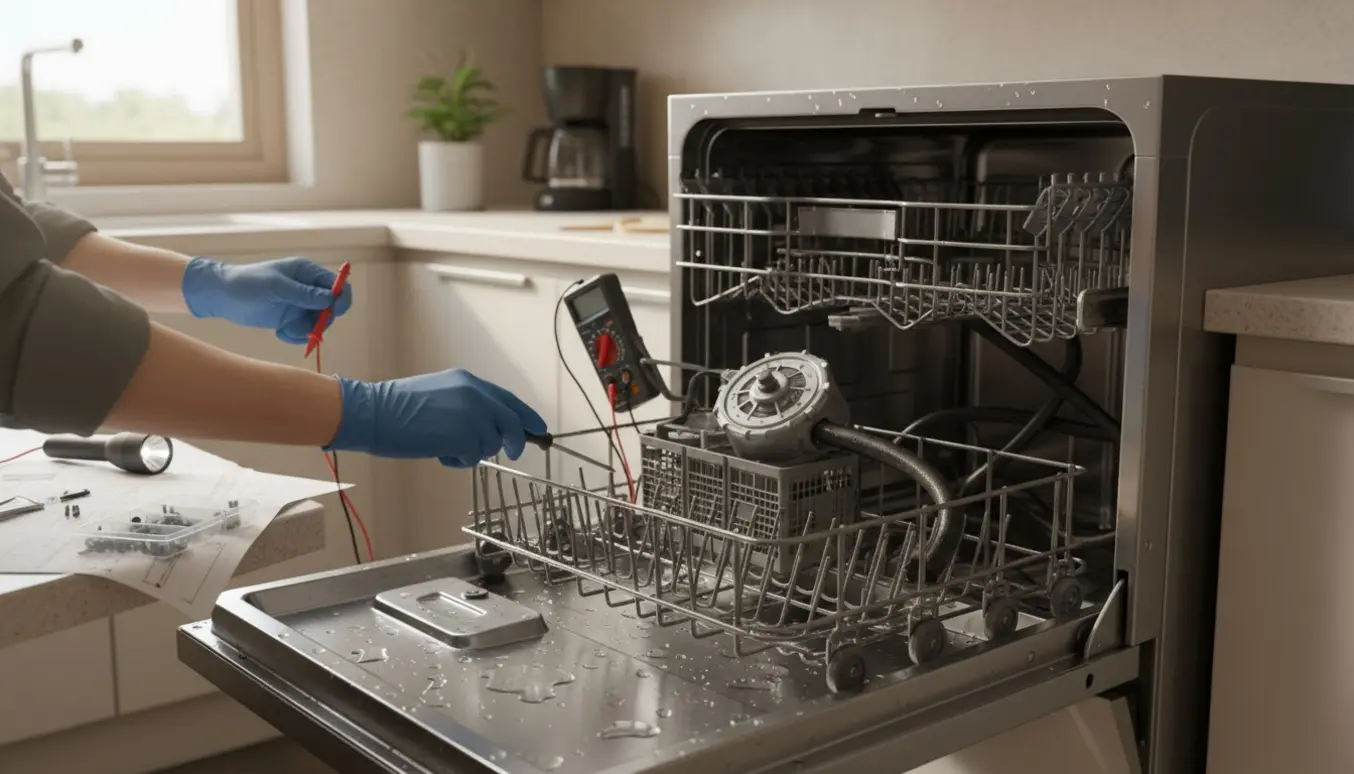 Hænder i handsker reparerer en åben opvaskemaskine i et lyst køkken med værktøj og løse reservedele.
