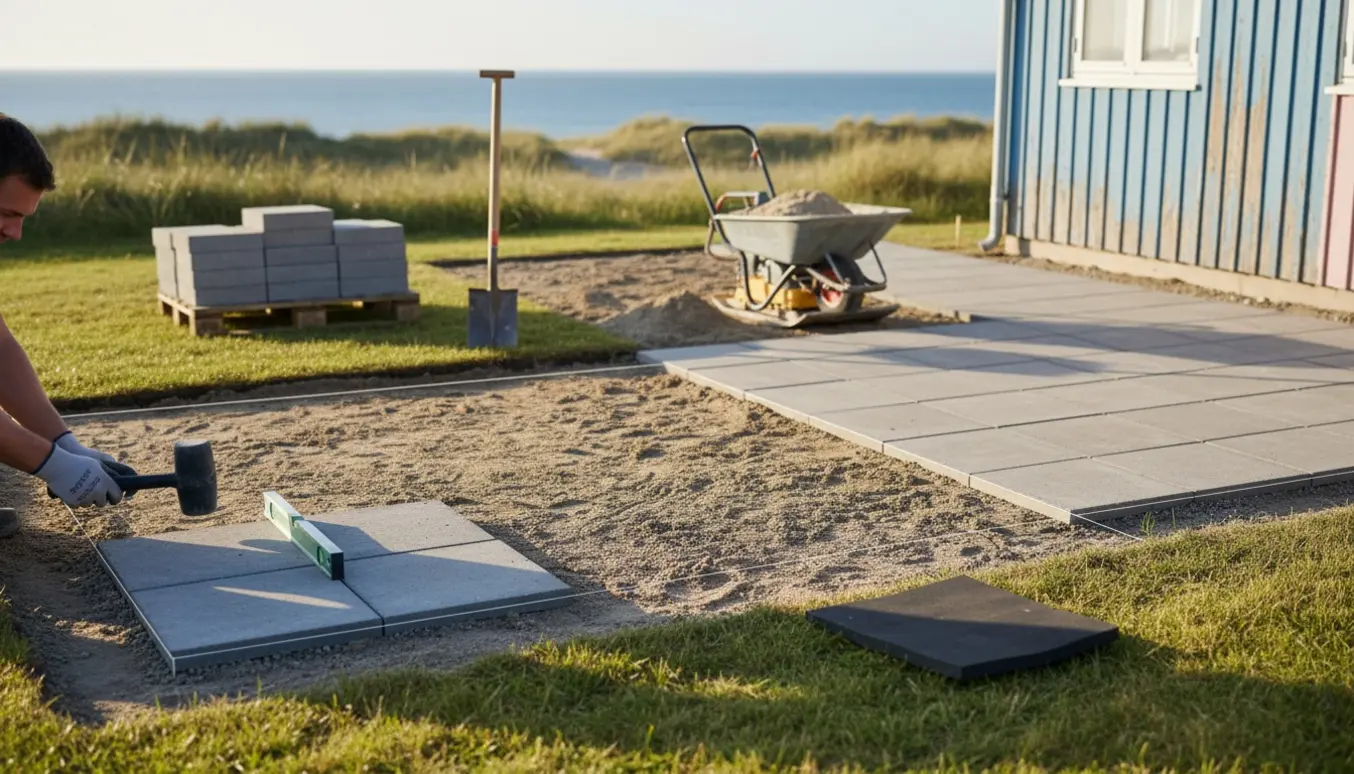 Sommerhusterrasse under udvidelse ved kysten med firkantede fliser og værktøj.