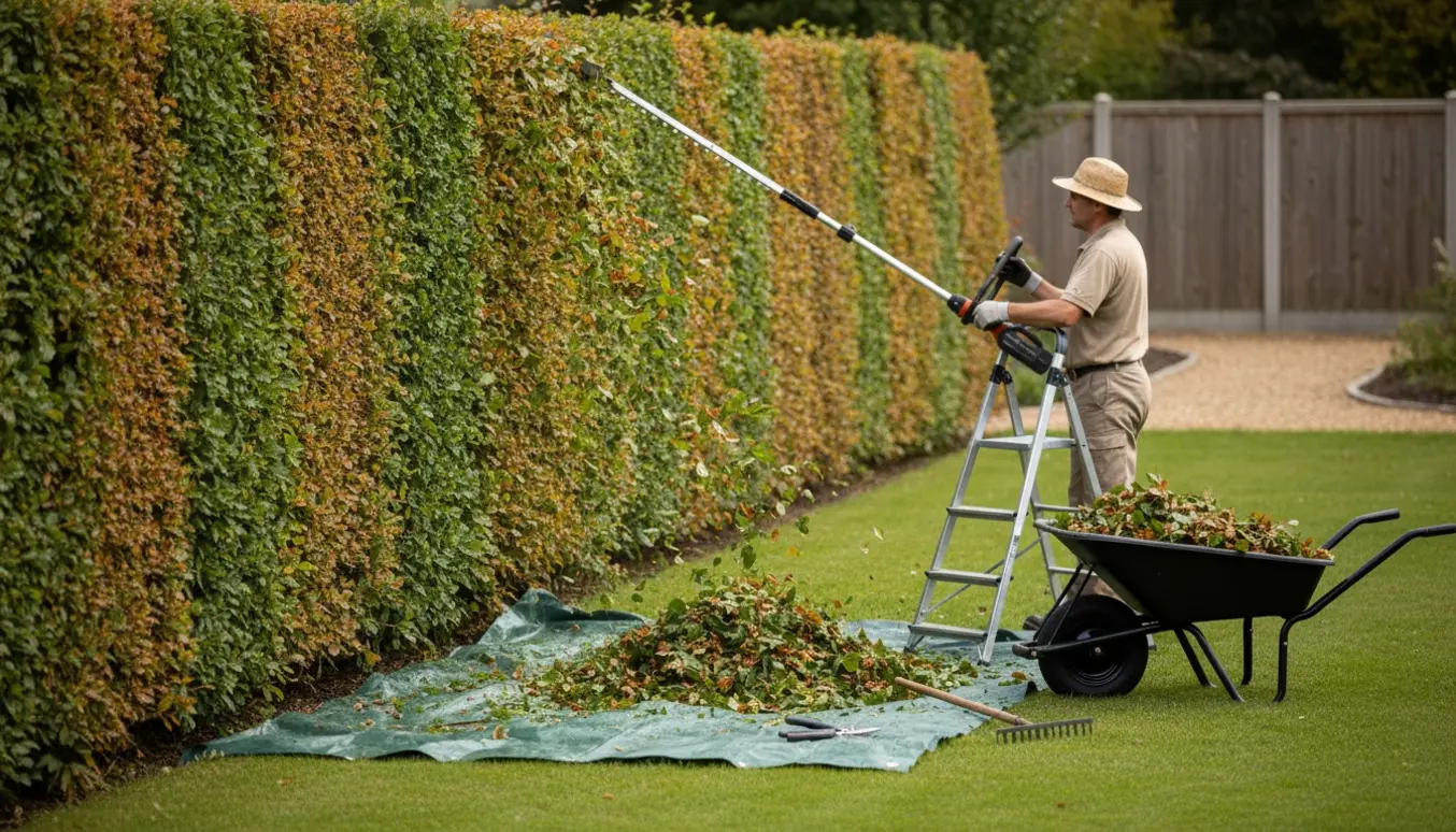 En person trimmer toppen af en bøgehæk med stangsaks, mens afklip samles i en trillebør på en solrig haveplæne.