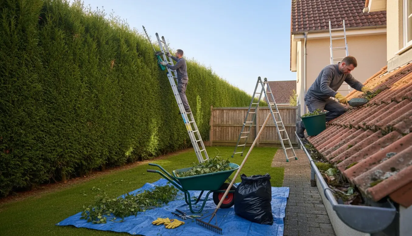 Høj hæk ved skel klippes, tagrende renses, og afklip samles i trillebør.