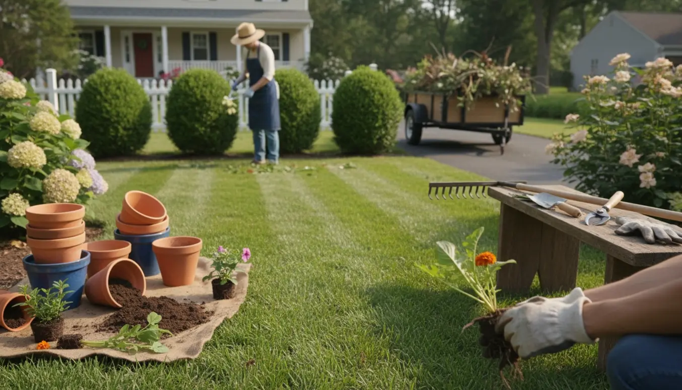 Havearbejde med græsslåning, tømning af krukker, ukrudtsrens og beskæring ved en trailer med haveaffald.