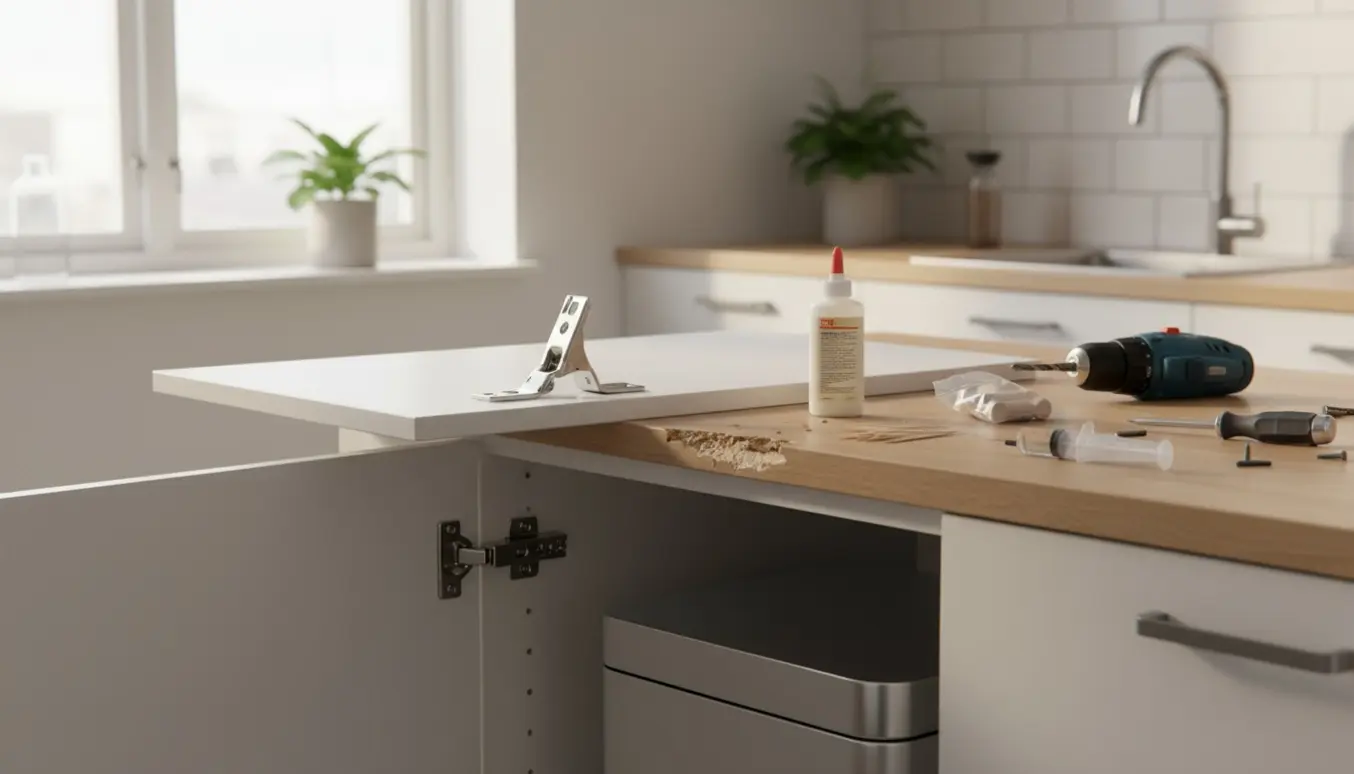 Nærbillede af køkkenlåge med udvidede hængsehuller og værktøj ved en indbygget affaldsbøtte.