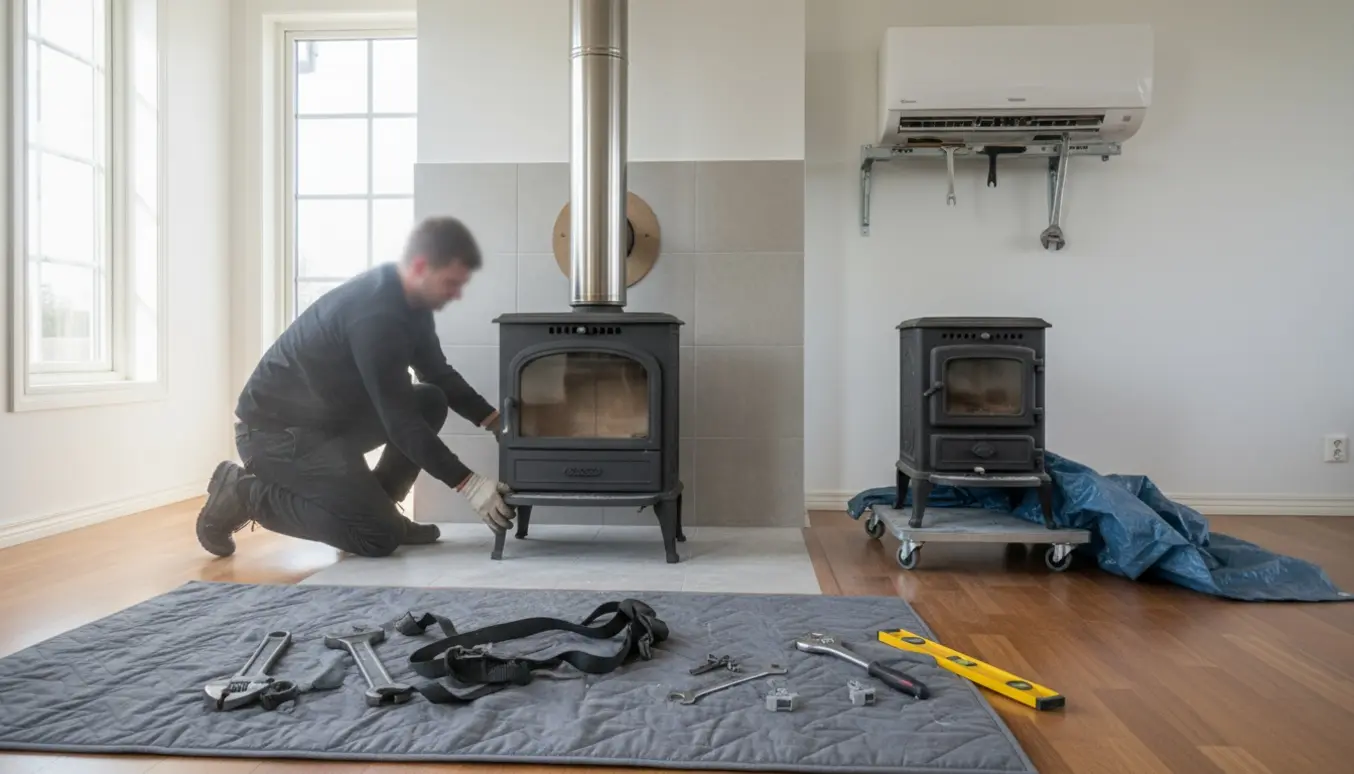 Installatør fra ryggen placerer en ny Asgård 2 brændeovn ved en stålskorsten i et lyst stuehjørne.