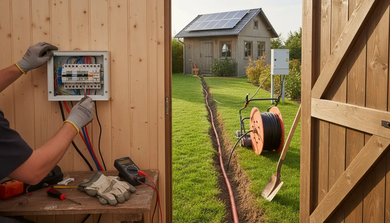 Elektrikers hænder udskifter eltavle i kolonihave med gravet rør og kabelrulle mod elskab udenfor.