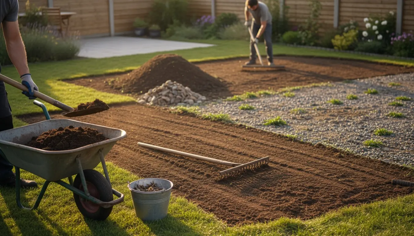Have, hvor jord, sten og ukrudt fjernes og jord flyttes med skovl, rive og trillebør før lægning af rullegræs.