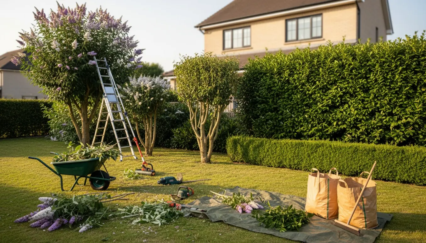 Beskårne store og små sommerfuglebuske og en laurbærbusk med haveredskaber og bunke af afklippede grene.