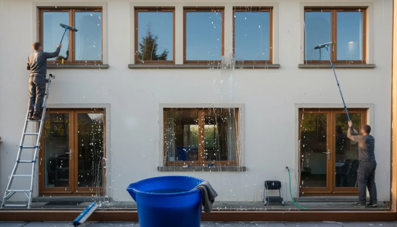 To-etagers hus under vinduespudsning med stige, forlængerskaft og rene glasdøre.