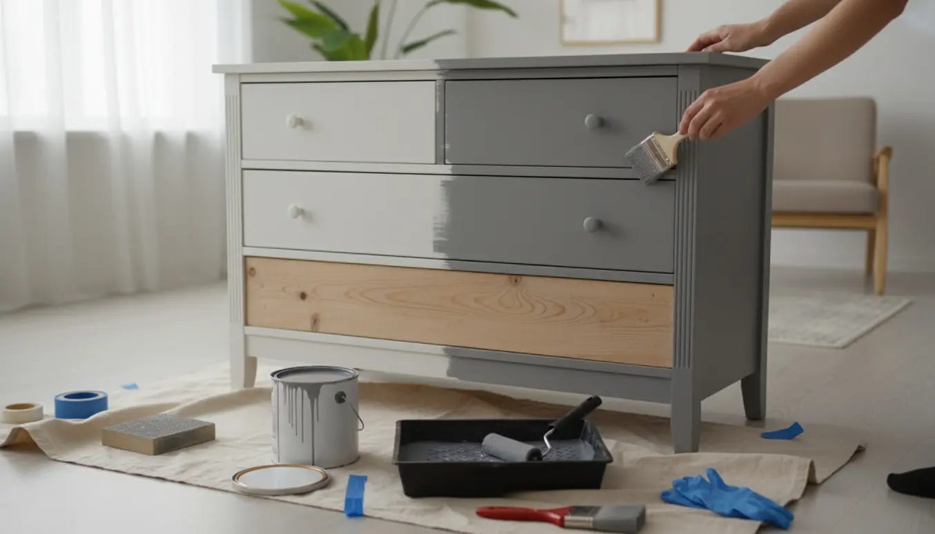 Delvist gråmalet, hvidgrundet kommode omgivet af malergrej i et lyst rum.