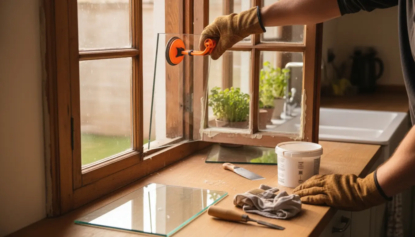 Nærbillede af udskiftning af en rude i et 6-ruders træ-køkkenvindue med værktøj på vindueskarmen.