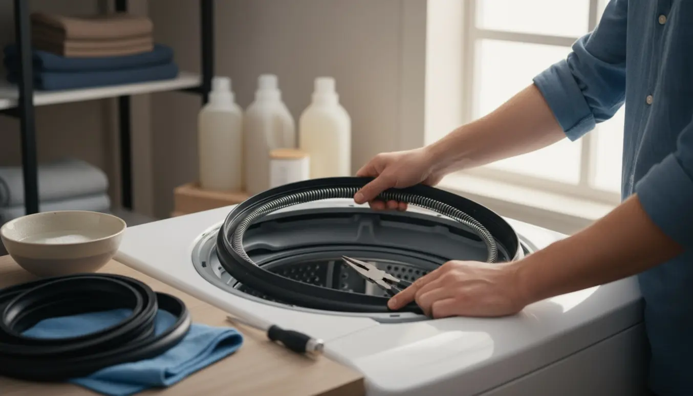 Nærbillede af hænder, der monterer en ny dørbælg på en frontbelastet vaskemaskine i et lyst vaskerum.