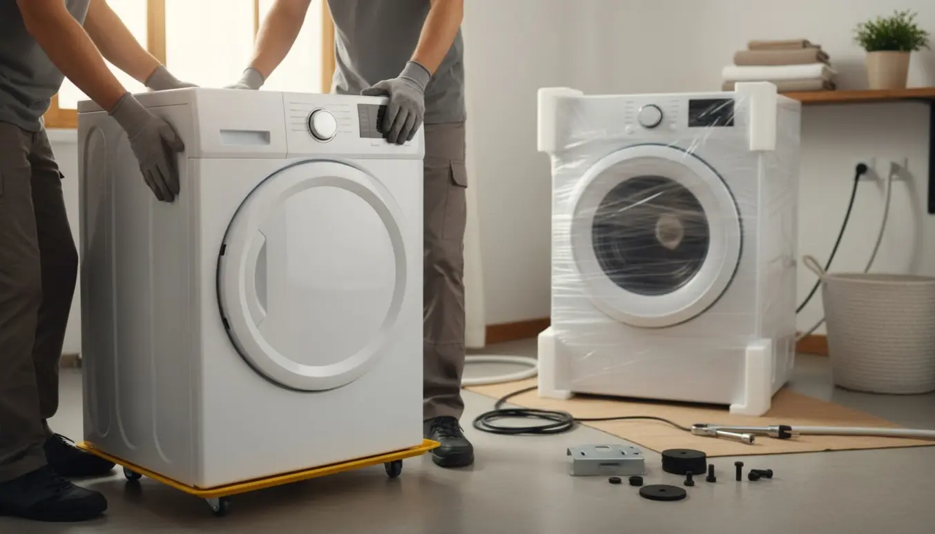 To personer løfter en tørretumbler af en vaskemaskine i et lyst, ryddeligt bryggers med en ny vaskemaskine klar i baggrunden.