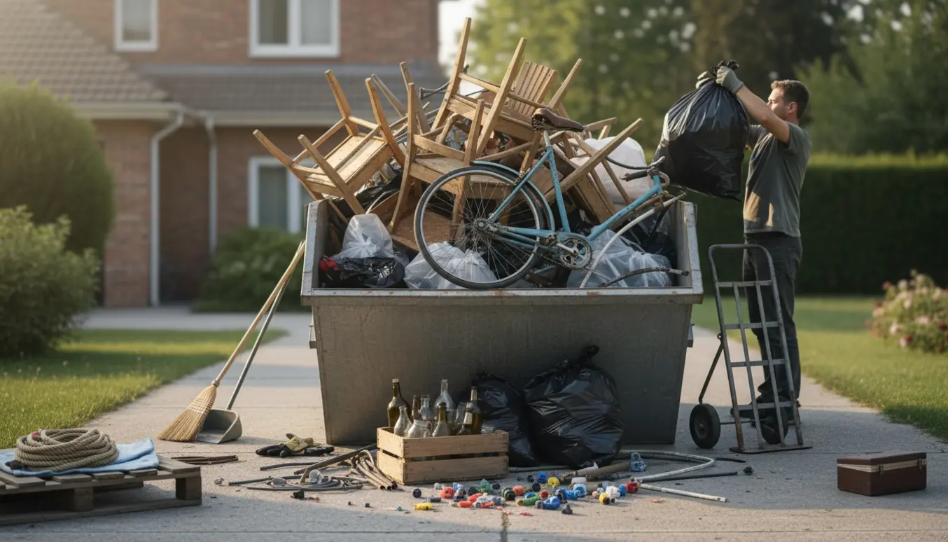 Indkørsel med bunke affald: gamle stole, små plastikdele, glas, metal, en gammel cykel og sække med tøj klar til bortskaffelse.