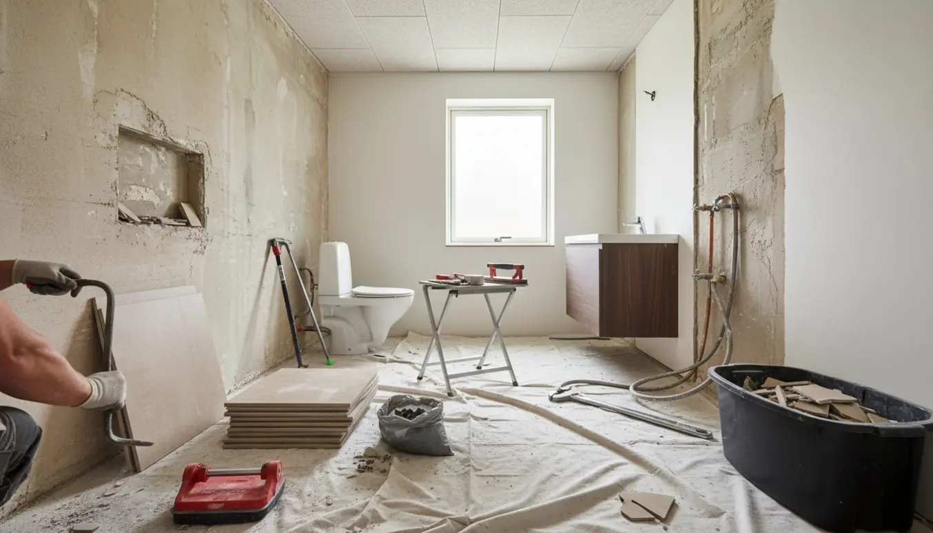 Lille badeværelse under renovering med fjernede fliser, værktøj og uinstalleret toilet og vaskemøbel.