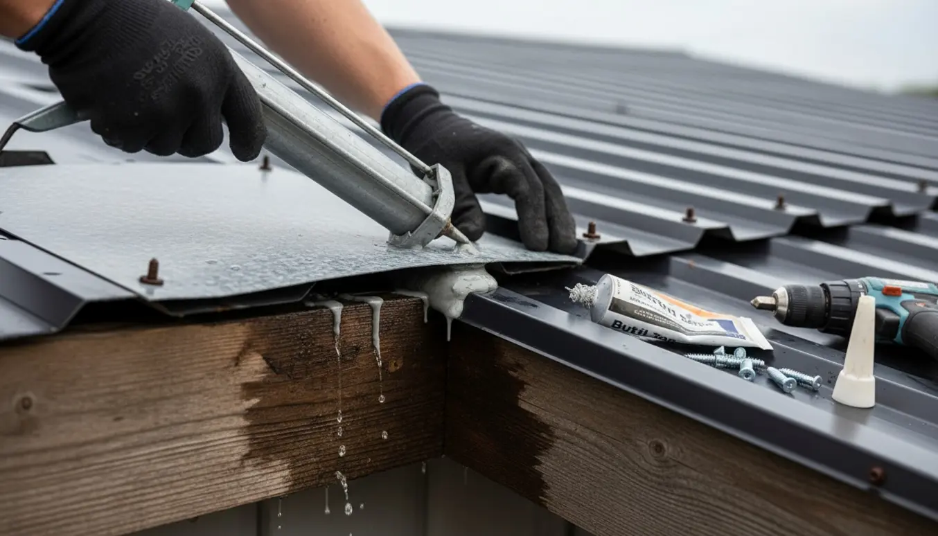 Nærbillede af handsker, der påfører fuge langs en metalplade over et utæt garagetag.
